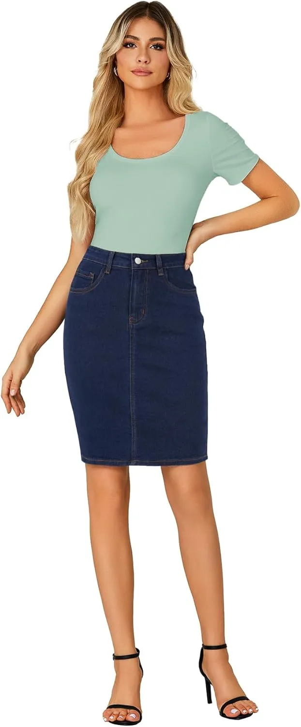 LYANER Women's Casual Stretch High Waist Bodycon Denim Jean Midi Skirt with Pockets