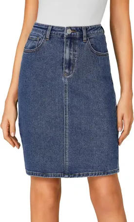 LYANER Women's Casual Stretch High Waist Bodycon Denim Jean Midi Skirt with Pockets