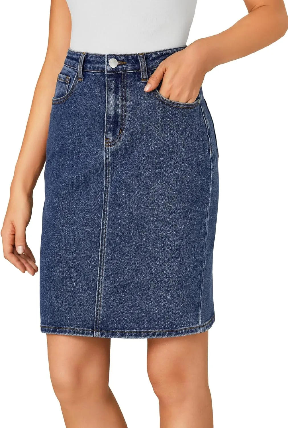 LYANER Women's Casual Stretch High Waist Bodycon Denim Jean Midi Skirt with Pockets