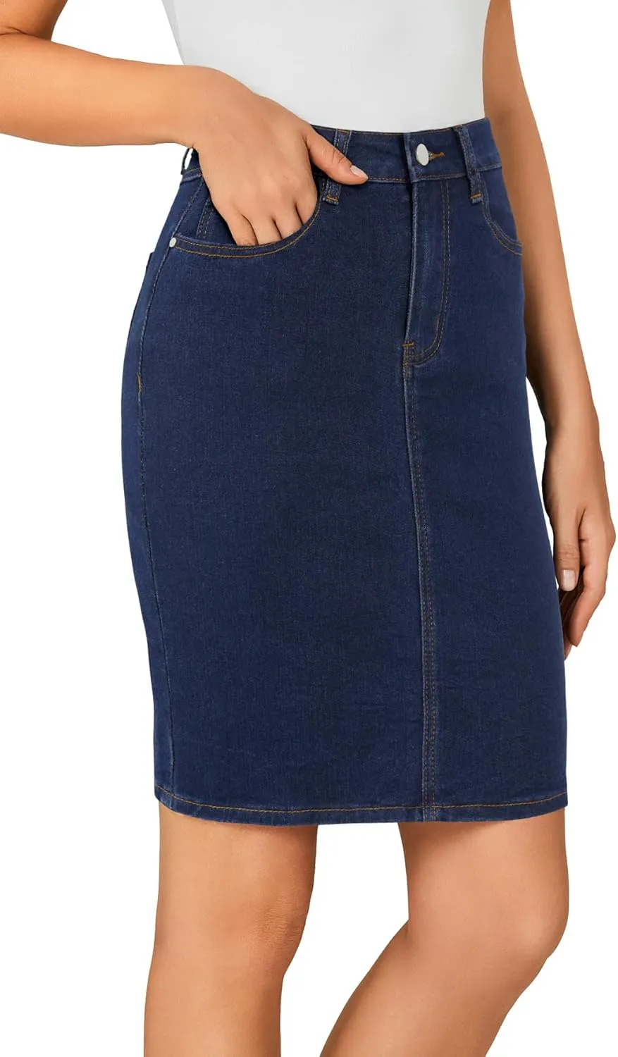 LYANER Women's Casual Stretch High Waist Bodycon Denim Jean Midi Skirt with Pockets