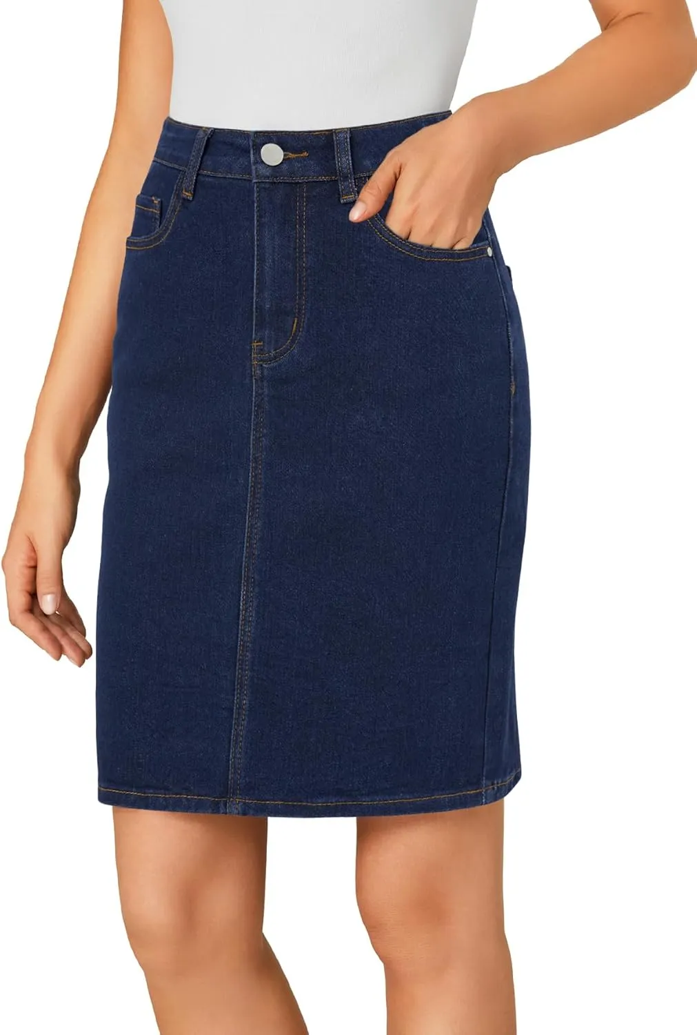 LYANER Women's Casual Stretch High Waist Bodycon Denim Jean Midi Skirt with Pockets