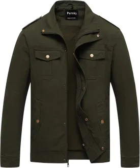 Pursky Men's Military Jacket Casual Washed Cotton Hooded Canvas Coat Fall Coat