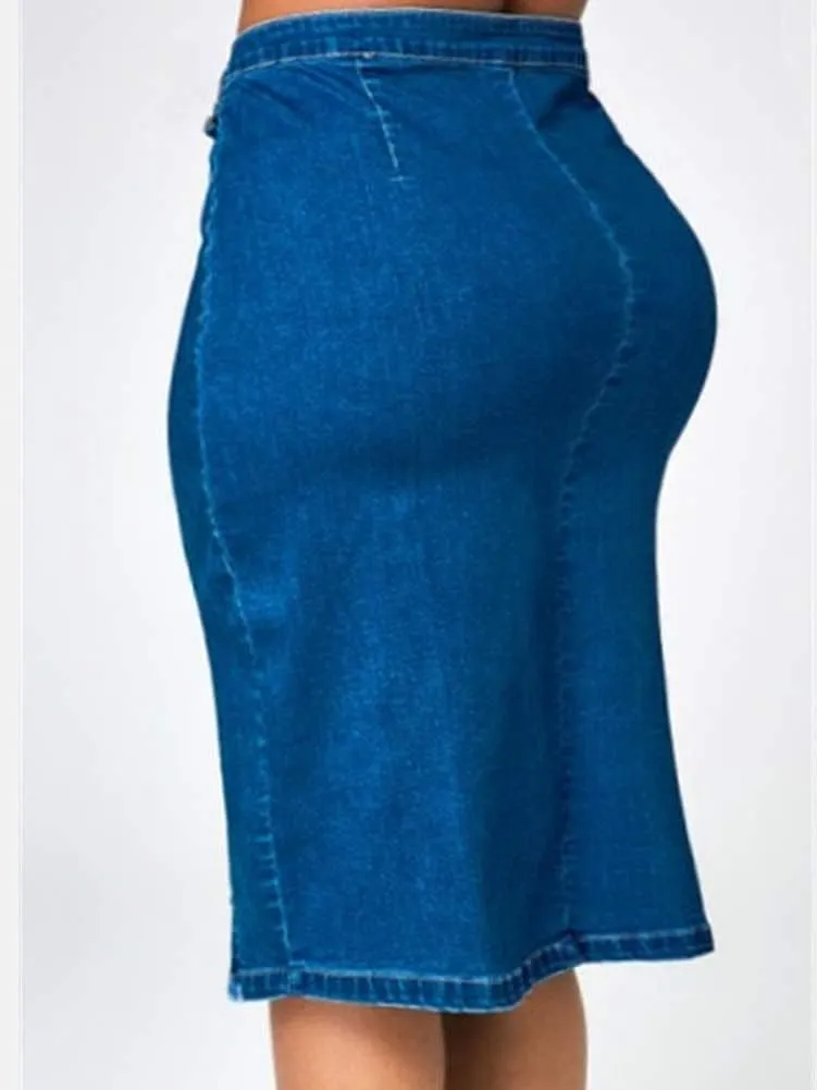 QZUnique Women's Plus Size Stretchy Fit Denim Skirt Midi High Waist Bodycon Jean Skirt Casual Slit Below Knee Pencil Skirt