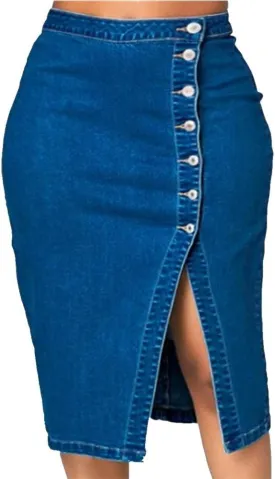 QZUnique Women's Plus Size Stretchy Fit Denim Skirt Midi High Waist Bodycon Jean Skirt Casual Slit Below Knee Pencil Skirt