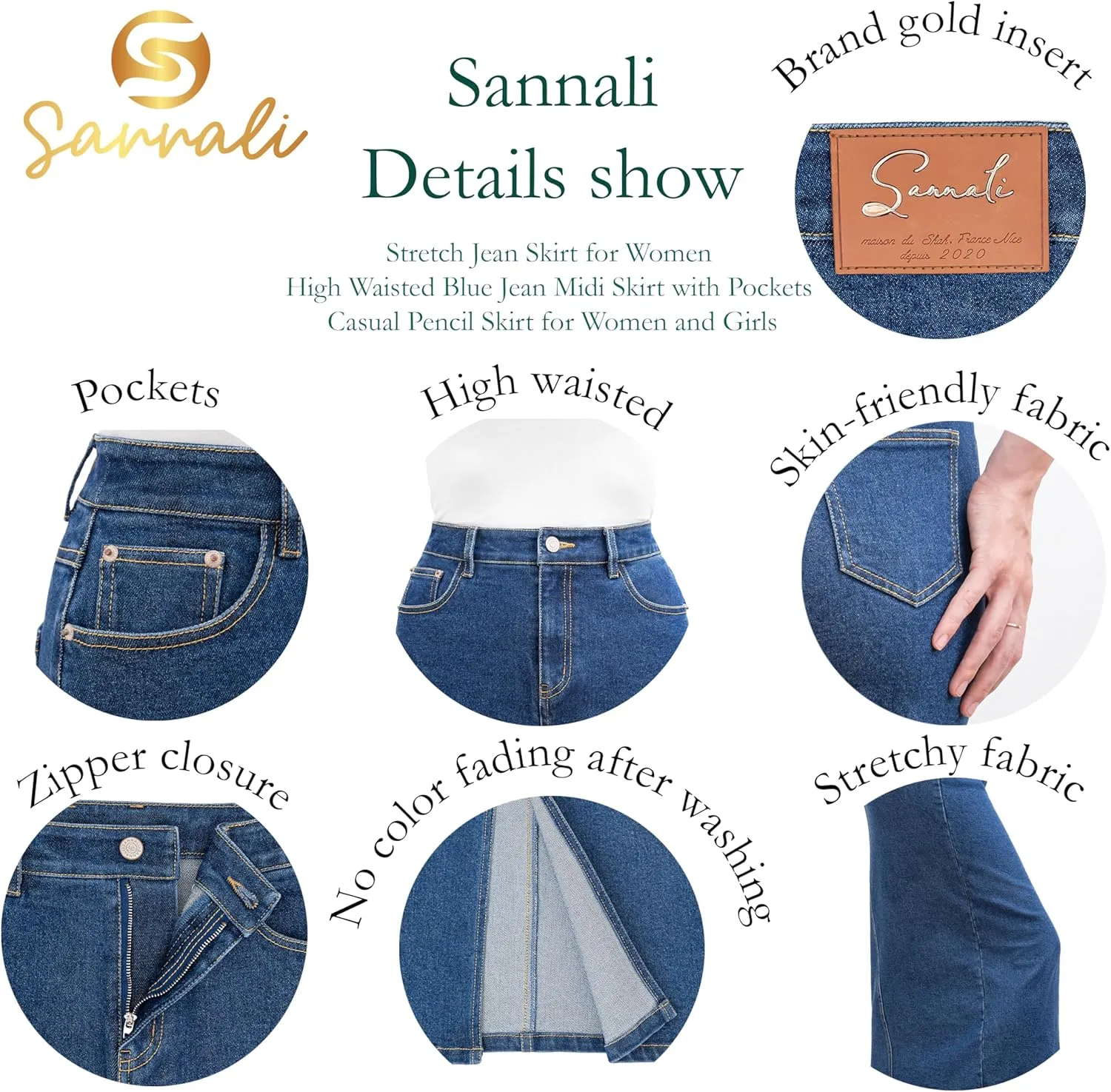Stretch Jean Skirt for Women; High Waisted Blue Jean Midi Skirt with Pockets; Casual Pencil Skirt for Women and Girls
