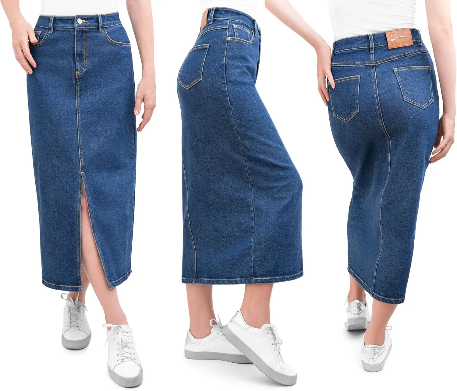 Stretch Jean Skirt for Women; High Waisted Blue Jean Midi Skirt with Pockets; Casual Pencil Skirt for Women and Girls