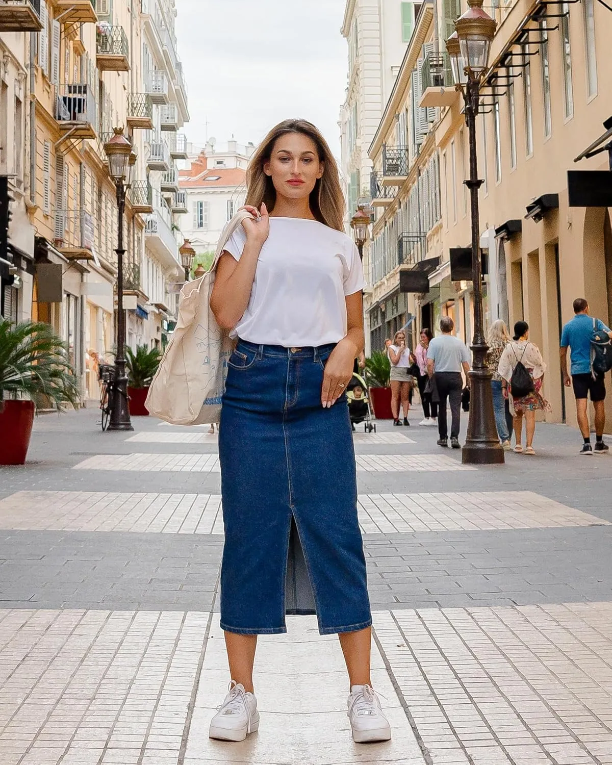 Stretch Jean Skirt for Women; High Waisted Blue Jean Midi Skirt with Pockets; Casual Pencil Skirt for Women and Girls