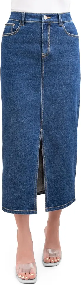 Stretch Jean Skirt for Women; High Waisted Blue Jean Midi Skirt with Pockets; Casual Pencil Skirt for Women and Girls
