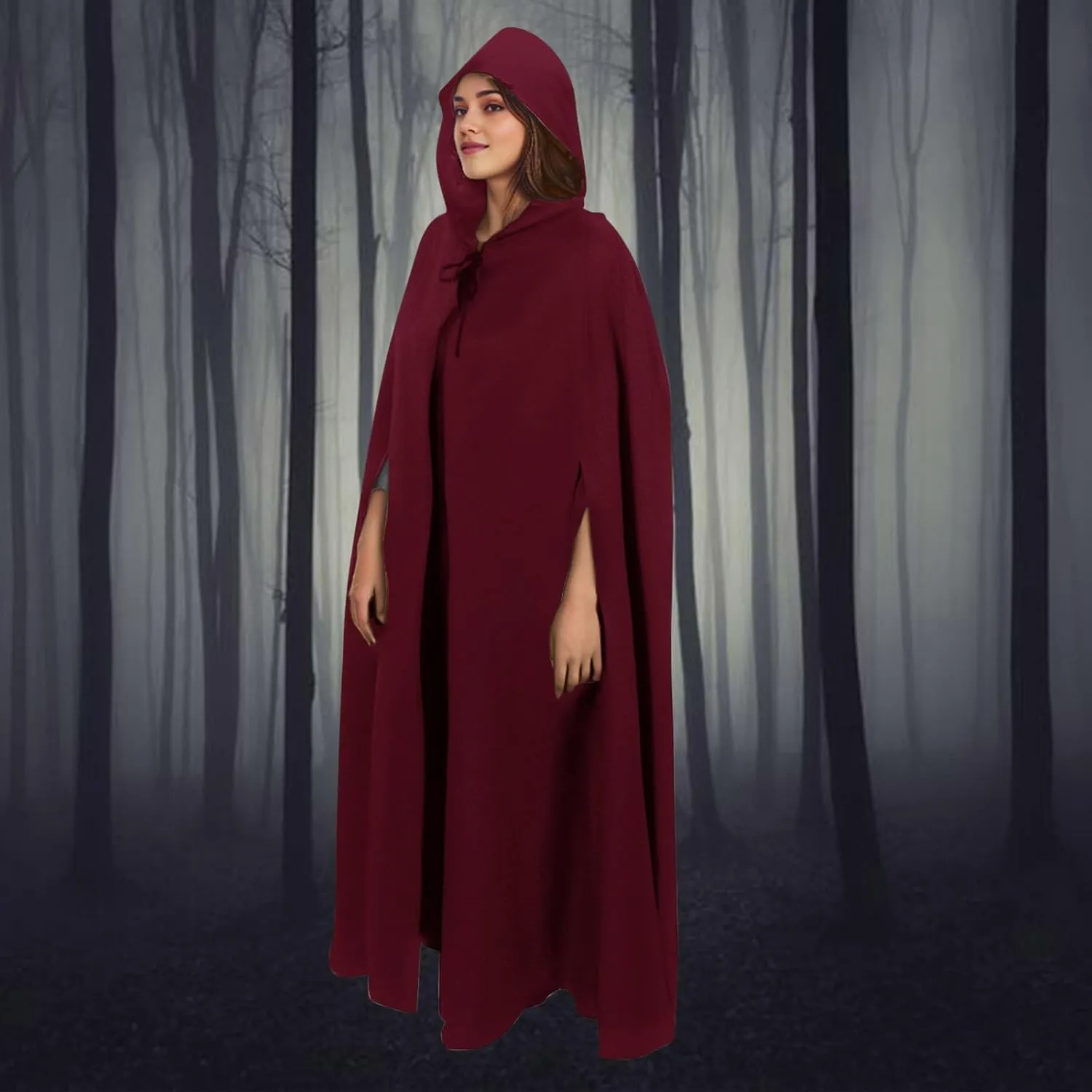 Unisex Gothic Hooded Maxi Cloak Fairy Cosplay Robes Open Front Poncho Wool Blend Capes Winter Fall Coat Outwear