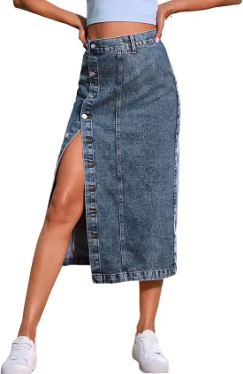 utcoco Women High Waisted Midi Jean Skirts Irregular Slit Hem Button Down Slim Fit Pencil Denim Skirt