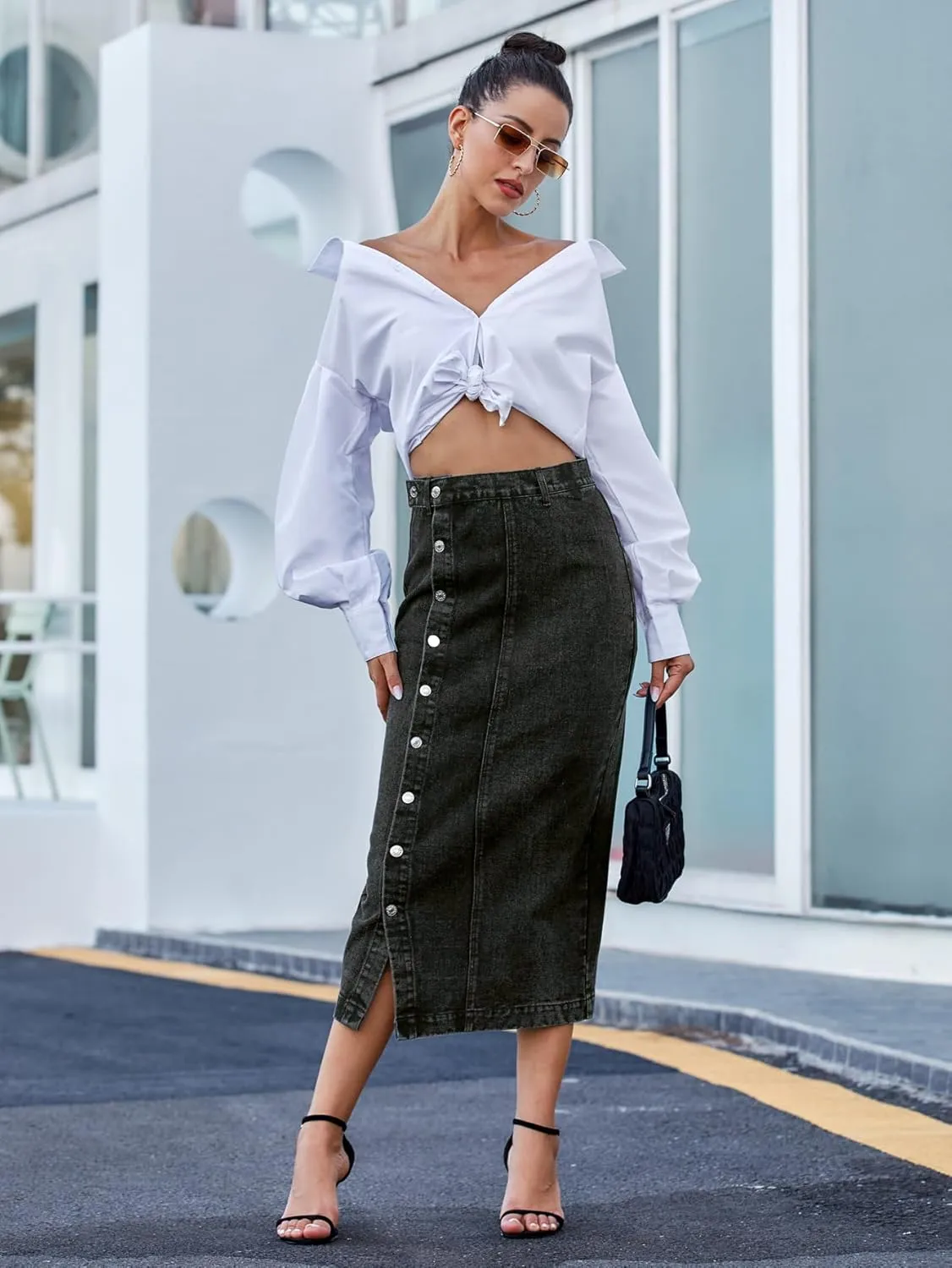 utcoco Women High Waisted Midi Jean Skirts Irregular Slit Hem Button Down Slim Fit Pencil Denim Skirt