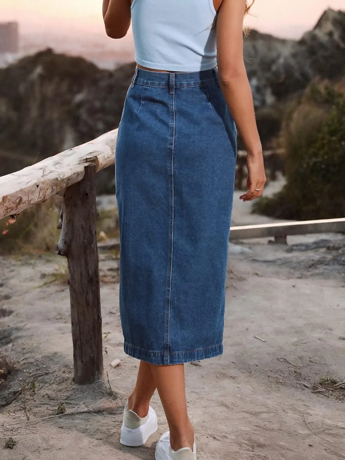 utcoco Women High Waisted Midi Jean Skirts Irregular Slit Hem Button Down Slim Fit Pencil Denim Skirt