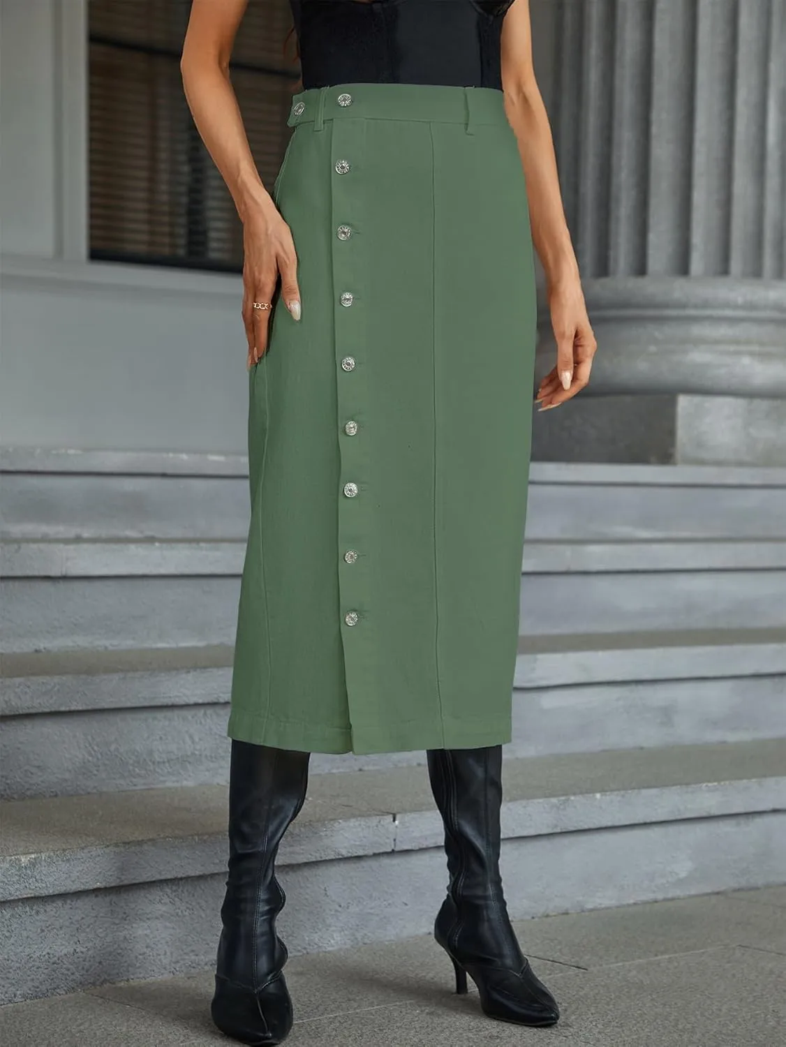 utcoco Women High Waisted Midi Jean Skirts Irregular Slit Hem Button Down Slim Fit Pencil Denim Skirt