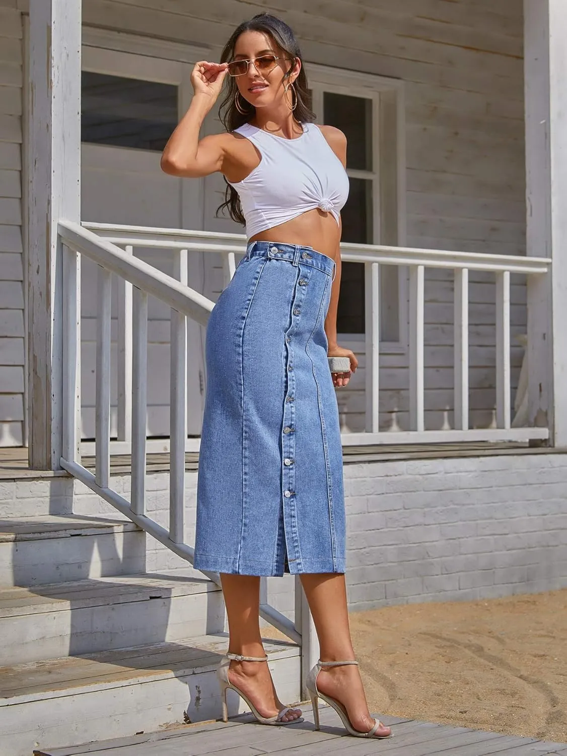utcoco Women High Waisted Midi Jean Skirts Irregular Slit Hem Button Down Slim Fit Pencil Denim Skirt