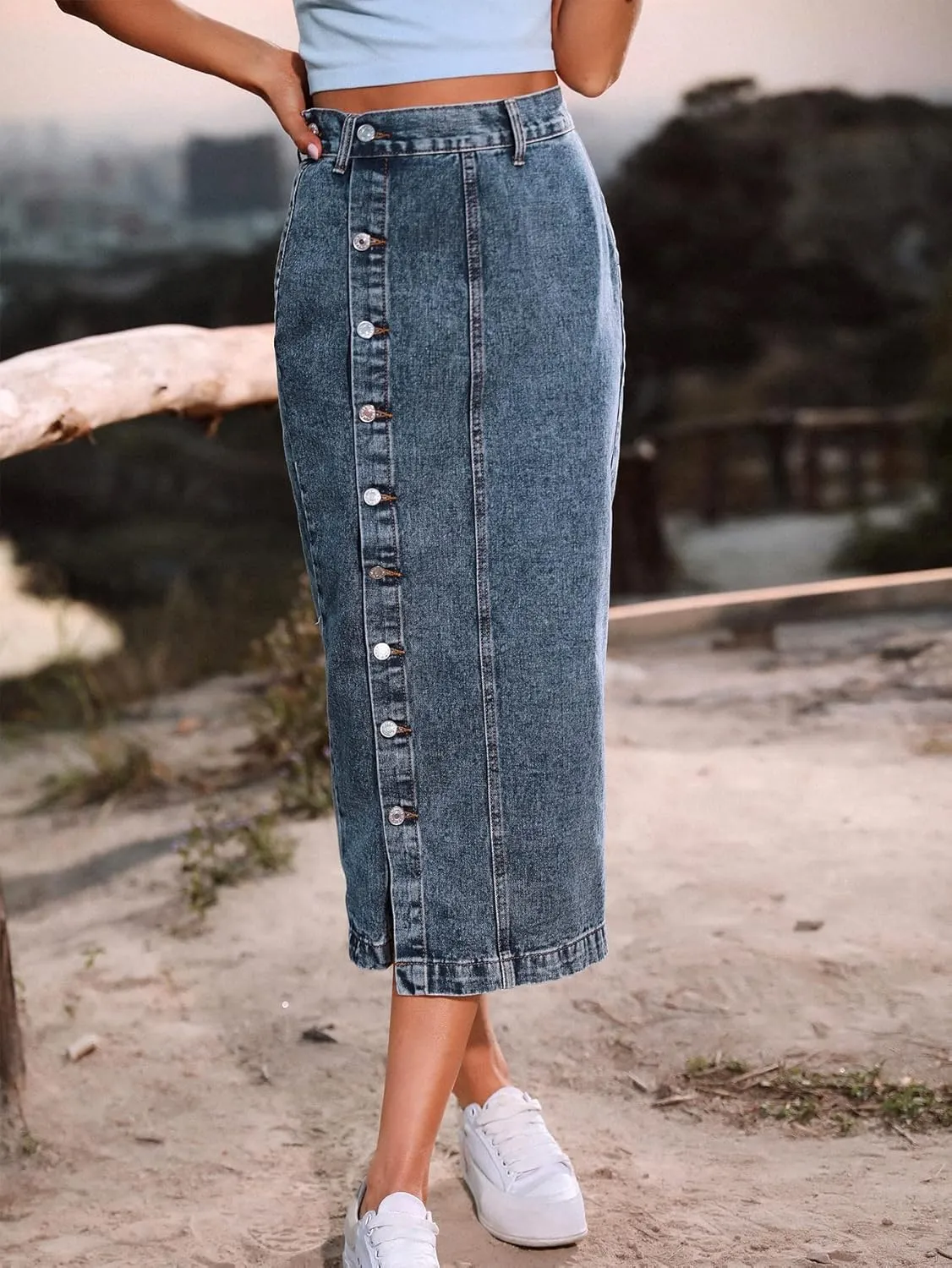 utcoco Women High Waisted Midi Jean Skirts Irregular Slit Hem Button Down Slim Fit Pencil Denim Skirt