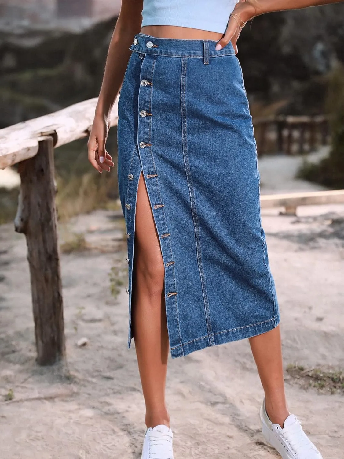 utcoco Women High Waisted Midi Jean Skirts Irregular Slit Hem Button Down Slim Fit Pencil Denim Skirt