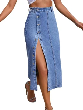 utcoco Women High Waisted Midi Jean Skirts Irregular Slit Hem Button Down Slim Fit Pencil Denim Skirt