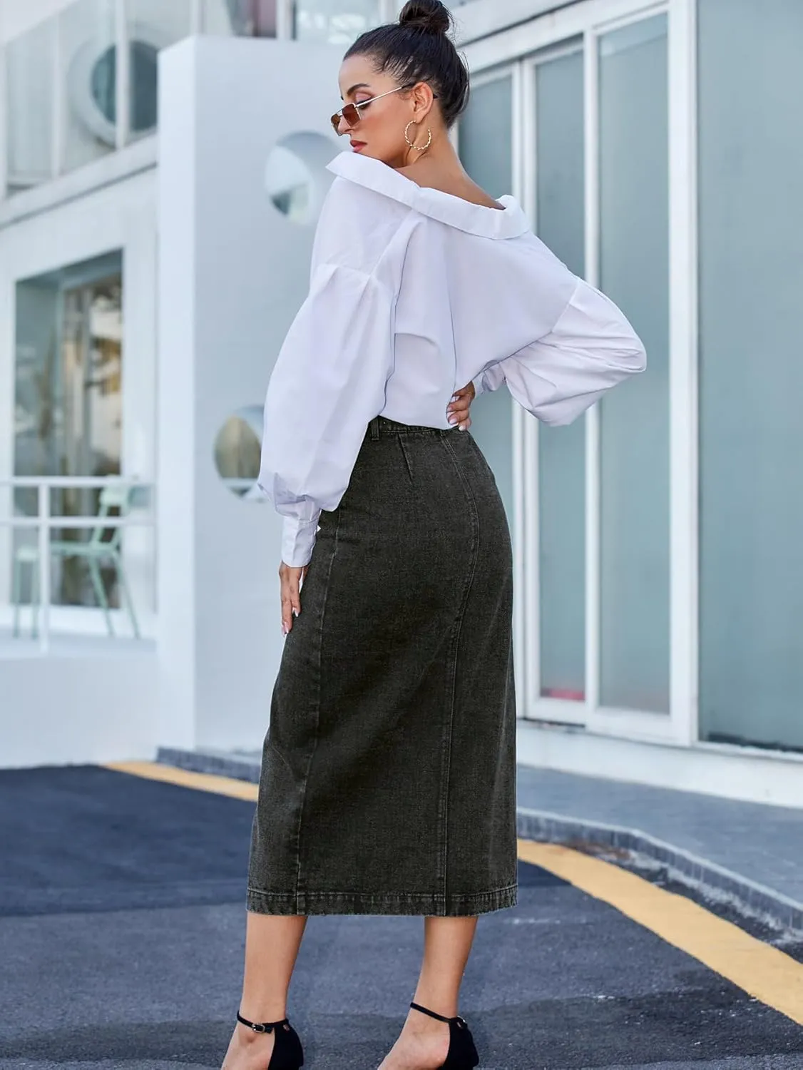 utcoco Women High Waisted Midi Jean Skirts Irregular Slit Hem Button Down Slim Fit Pencil Denim Skirt