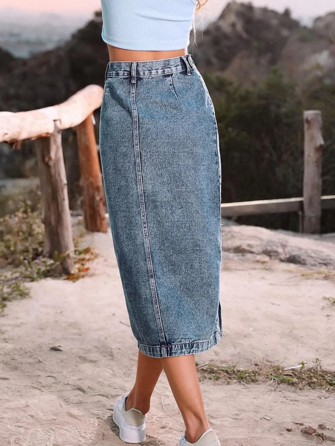 utcoco Women High Waisted Midi Jean Skirts Irregular Slit Hem Button Down Slim Fit Pencil Denim Skirt