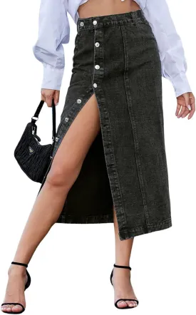 utcoco Women High Waisted Midi Jean Skirts Irregular Slit Hem Button Down Slim Fit Pencil Denim Skirt