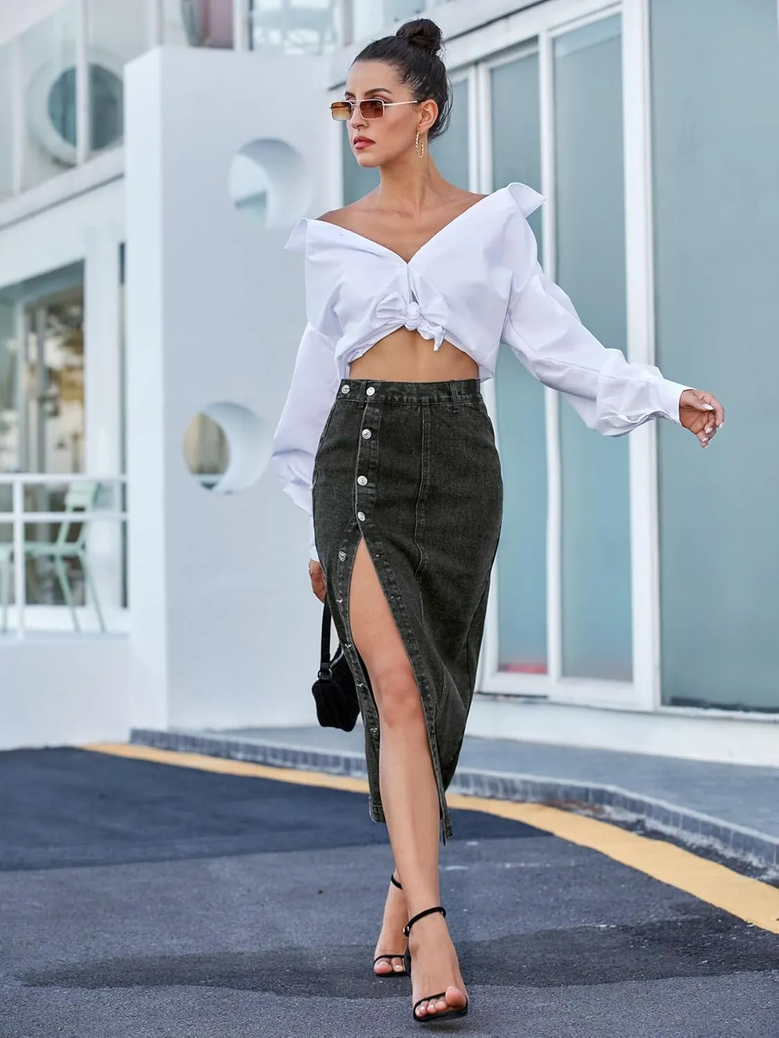 utcoco Women High Waisted Midi Jean Skirts Irregular Slit Hem Button Down Slim Fit Pencil Denim Skirt