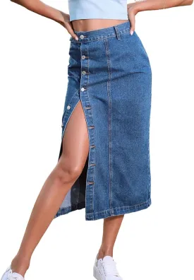 utcoco Women High Waisted Midi Jean Skirts Irregular Slit Hem Button Down Slim Fit Pencil Denim Skirt