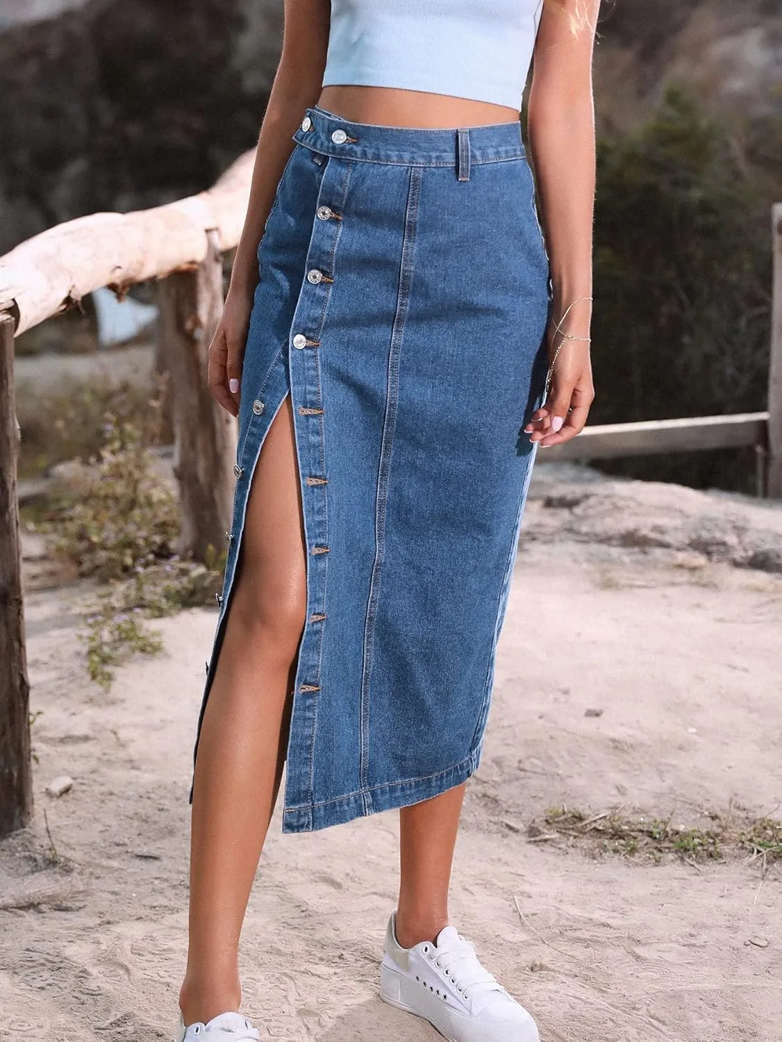 utcoco Women High Waisted Midi Jean Skirts Irregular Slit Hem Button Down Slim Fit Pencil Denim Skirt