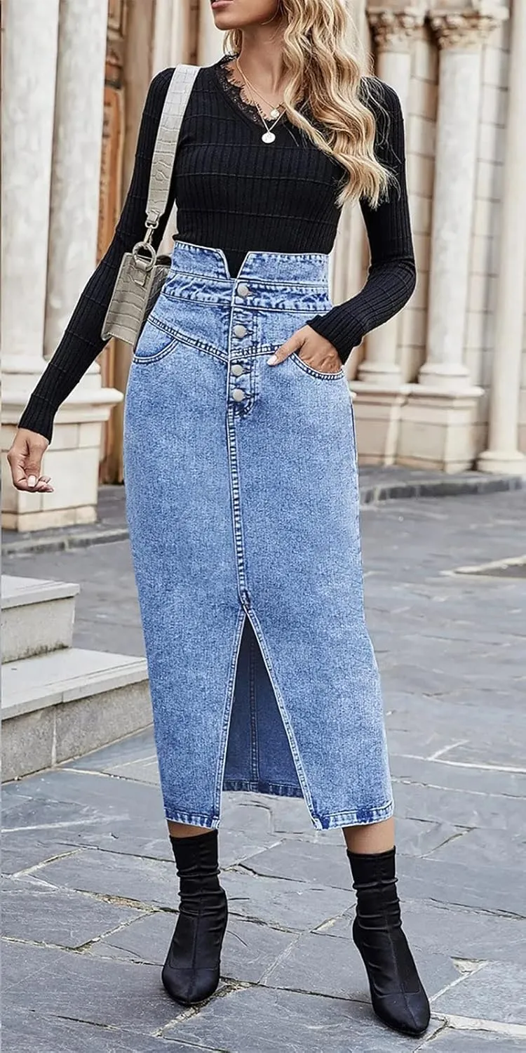 utcoco Women's Midi Jean Skirt High Waisted Slit Hem Slim Fit Pencil Denim Skirt