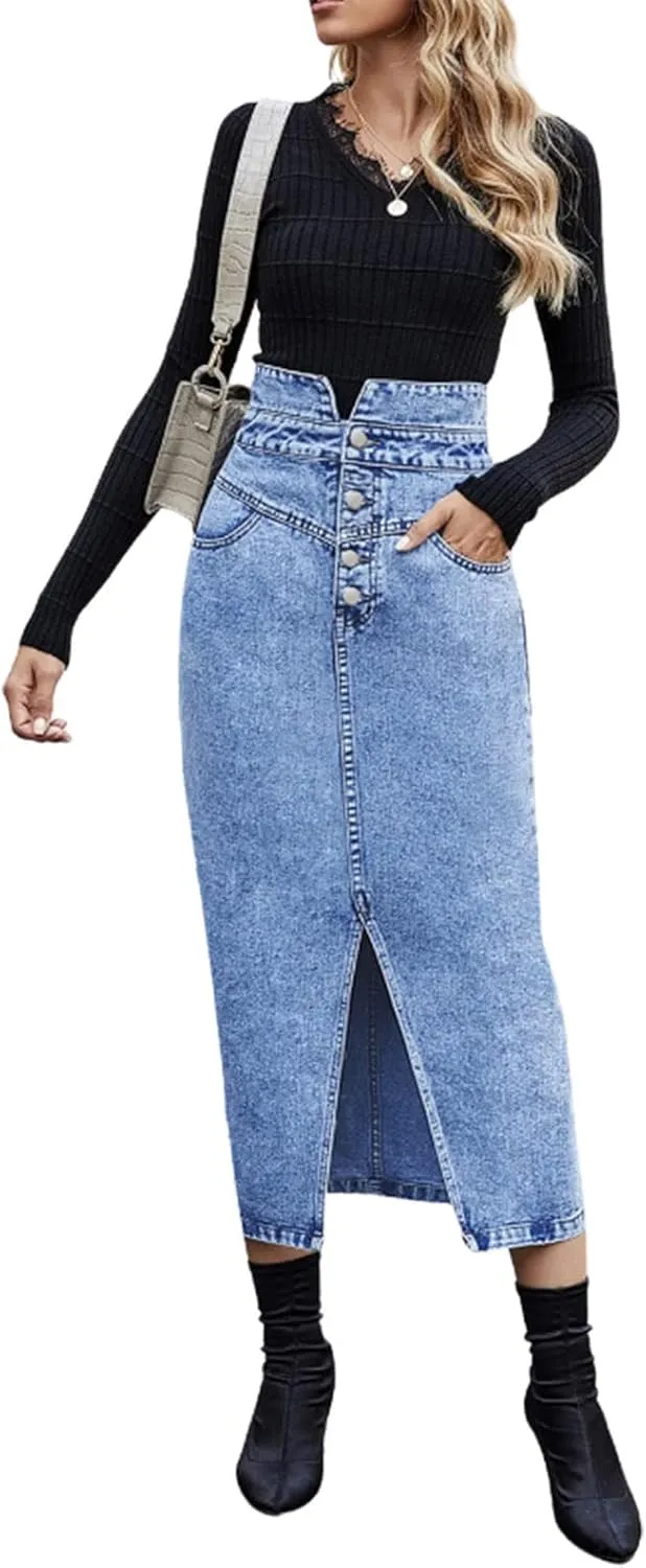 utcoco Women's Midi Jean Skirt High Waisted Slit Hem Slim Fit Pencil Denim Skirt