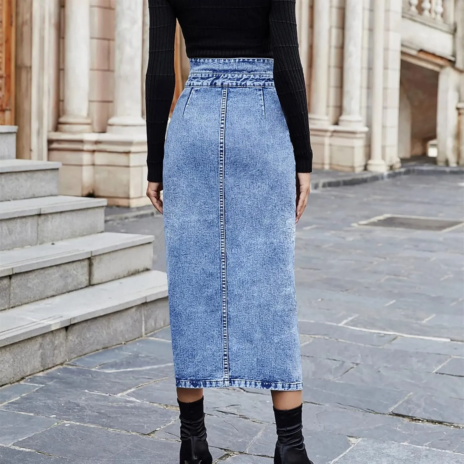 utcoco Women's Midi Jean Skirt High Waisted Slit Hem Slim Fit Pencil Denim Skirt