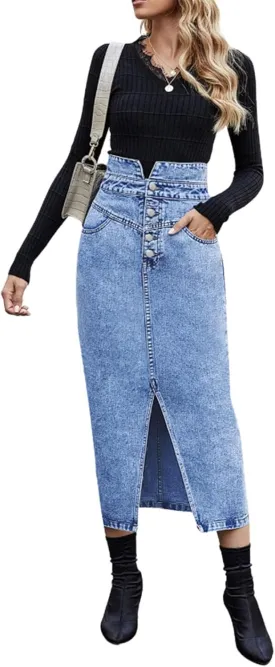 utcoco Women's Midi Jean Skirt High Waisted Slit Hem Slim Fit Pencil Denim Skirt