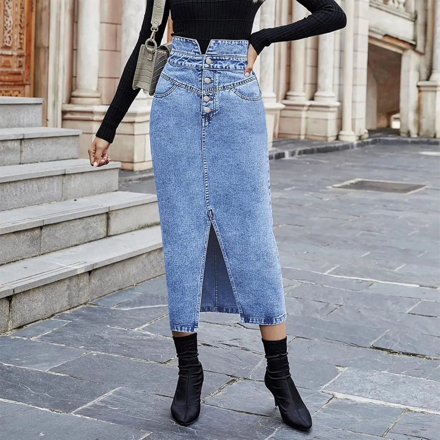 utcoco Women's Midi Jean Skirt High Waisted Slit Hem Slim Fit Pencil Denim Skirt
