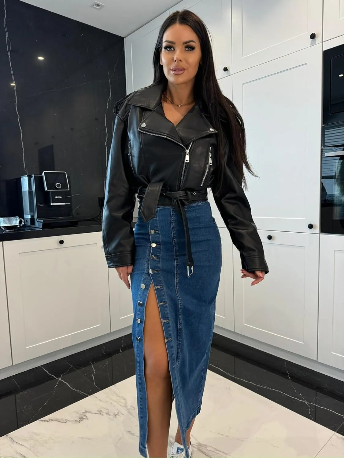 utcoco Women's Sexy Slim Fit Long Denim Skirt High Waist Button Down Side Slit Jean Midi Skirt