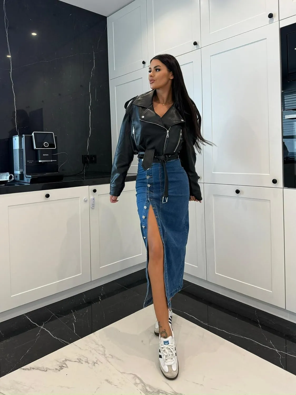 utcoco Women's Sexy Slim Fit Long Denim Skirt High Waist Button Down Side Slit Jean Midi Skirt