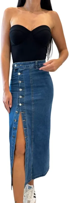 utcoco Women's Sexy Slim Fit Long Denim Skirt High Waist Button Down Side Slit Jean Midi Skirt