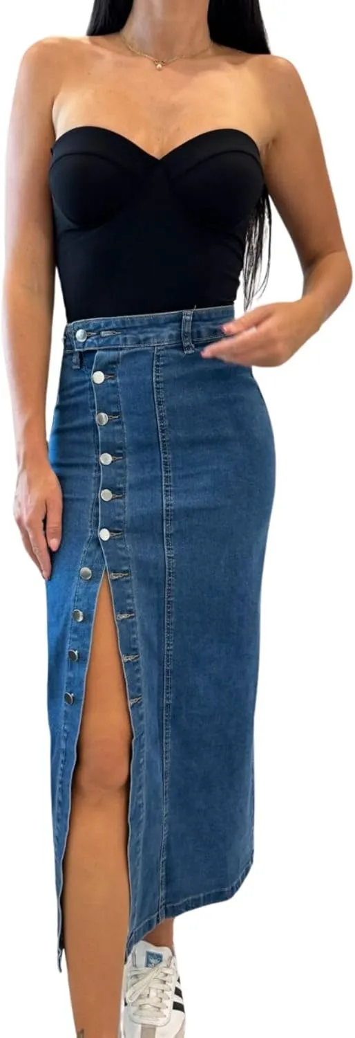 utcoco Women's Sexy Slim Fit Long Denim Skirt High Waist Button Down Side Slit Jean Midi Skirt