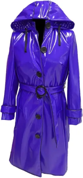 Women PVC Shiny Leather Hooded Light Weighted Raincoat Stylish Trench Long Coat