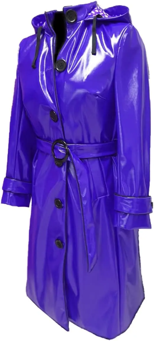 Women PVC Shiny Leather Hooded Light Weighted Raincoat Stylish Trench Long Coat
