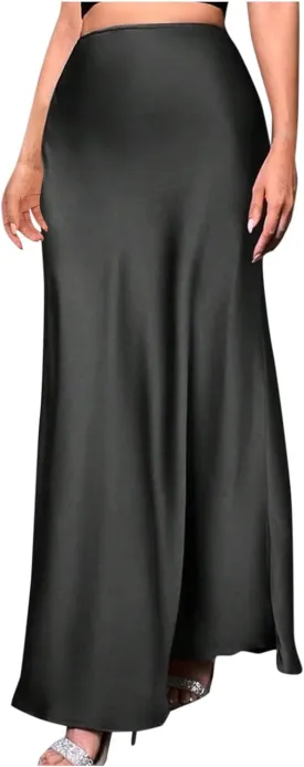 Women Satin High Waisted Maxi Skirts Hidden Elasticized Waistband A Line Long Skirt 2025 Elegant Clothes