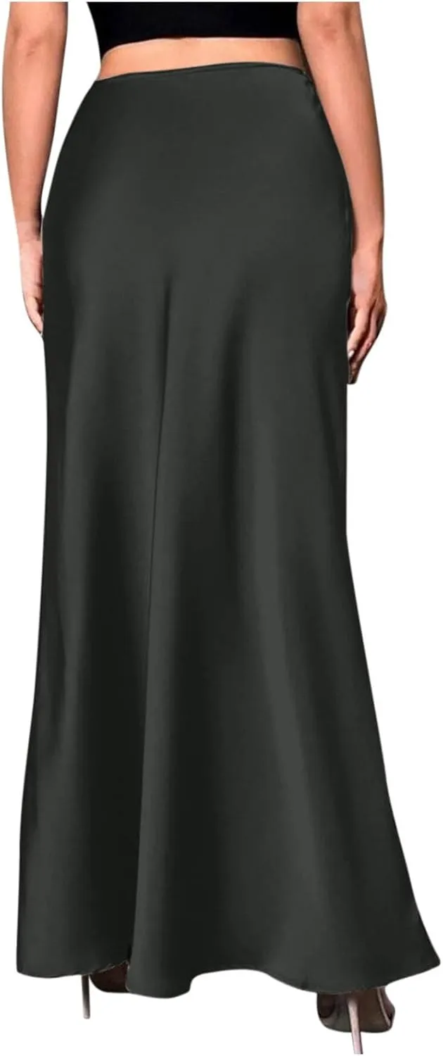 Women Satin High Waisted Maxi Skirts Hidden Elasticized Waistband A Line Long Skirt 2025 Elegant Clothes