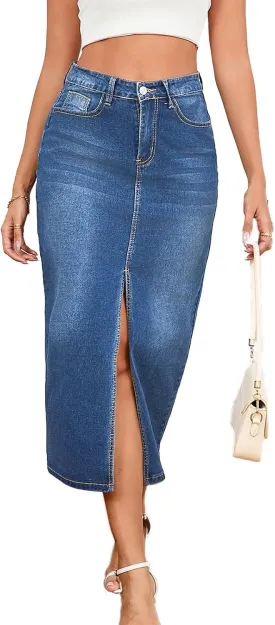 Women's Casual Jean Skirt High Waist Slit Midi Denim Skirt