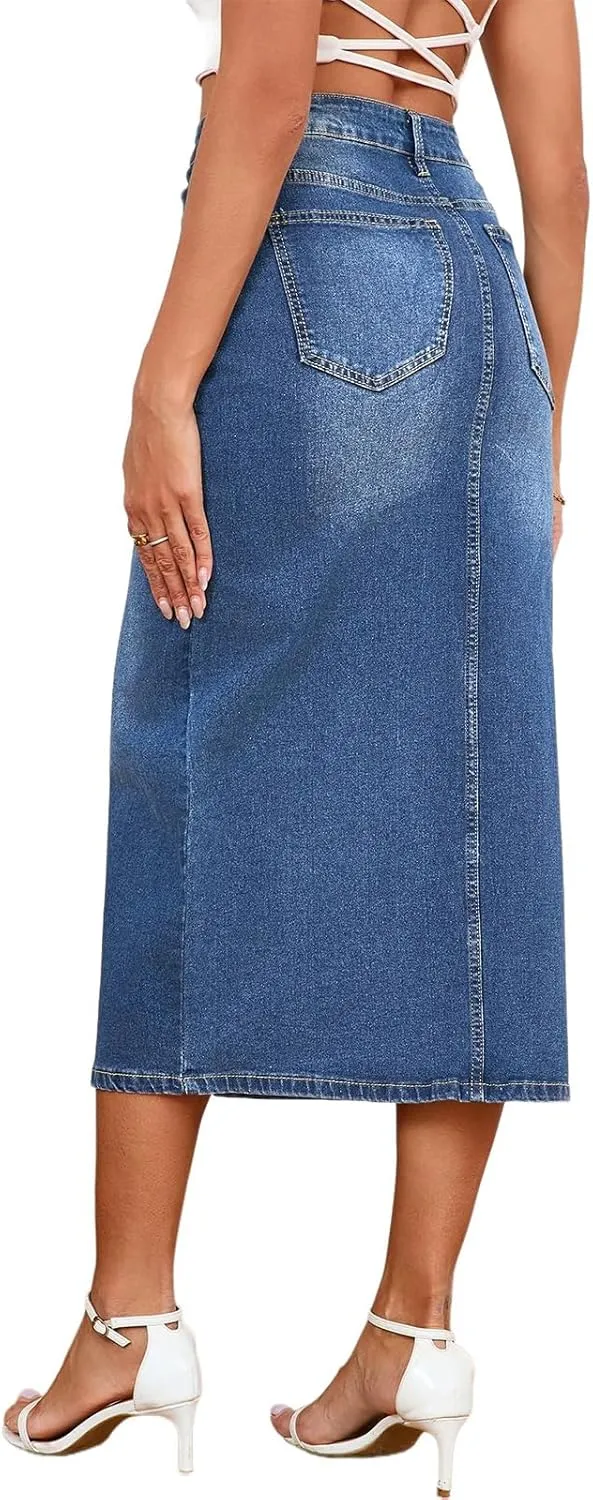Women's Casual Jean Skirt High Waist Slit Midi Denim Skirt
