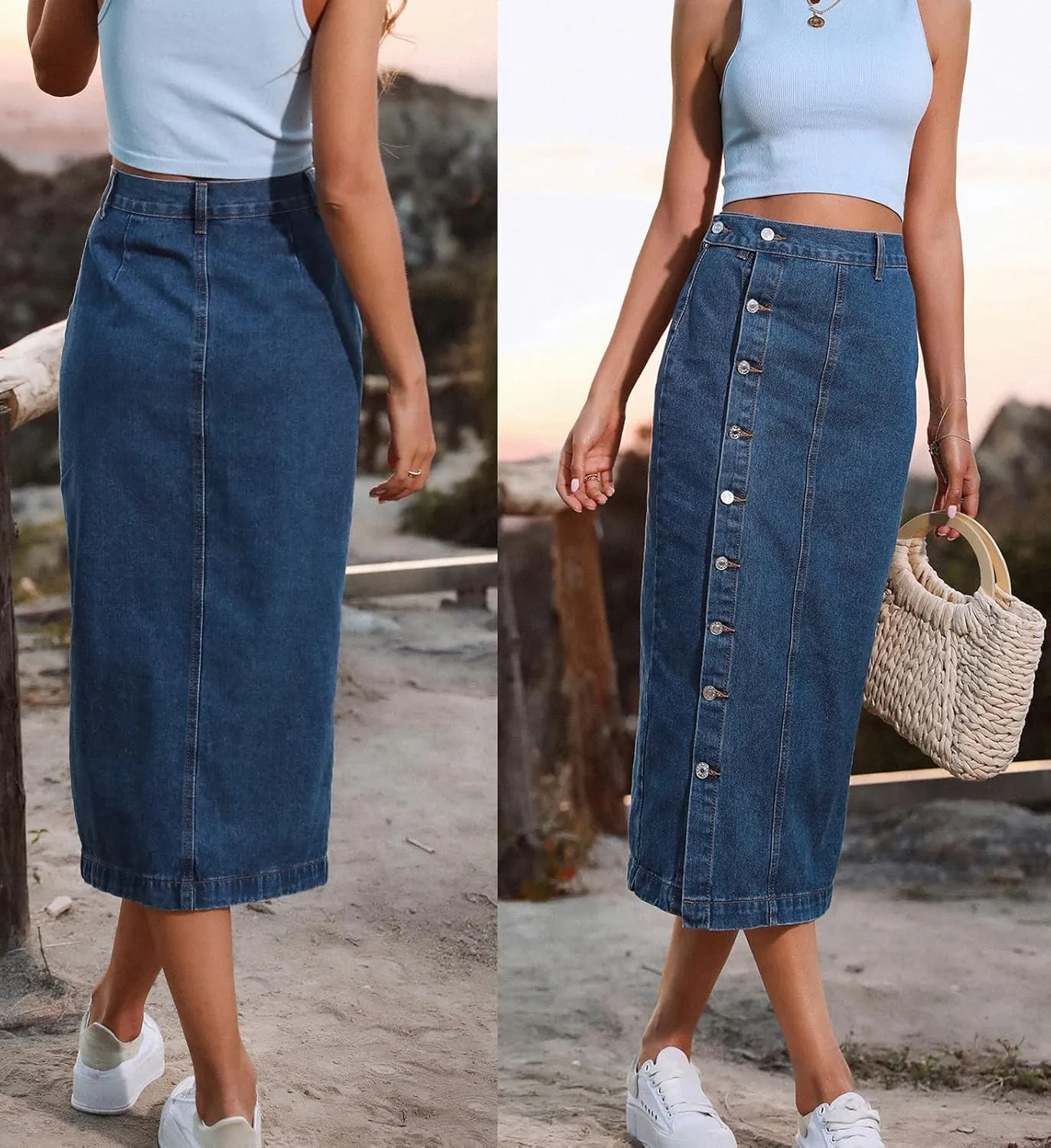 Women's Casual Slit Denim Midi Jean Skirt Stretch High Waisted Button Up Frayed with Pockets