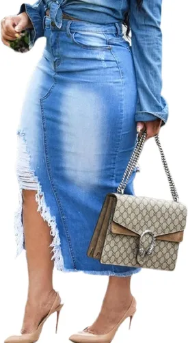 Women's Casual Slit Denim Midi Jean Skirt Stretch High Waisted Button Up Frayed with Pockets