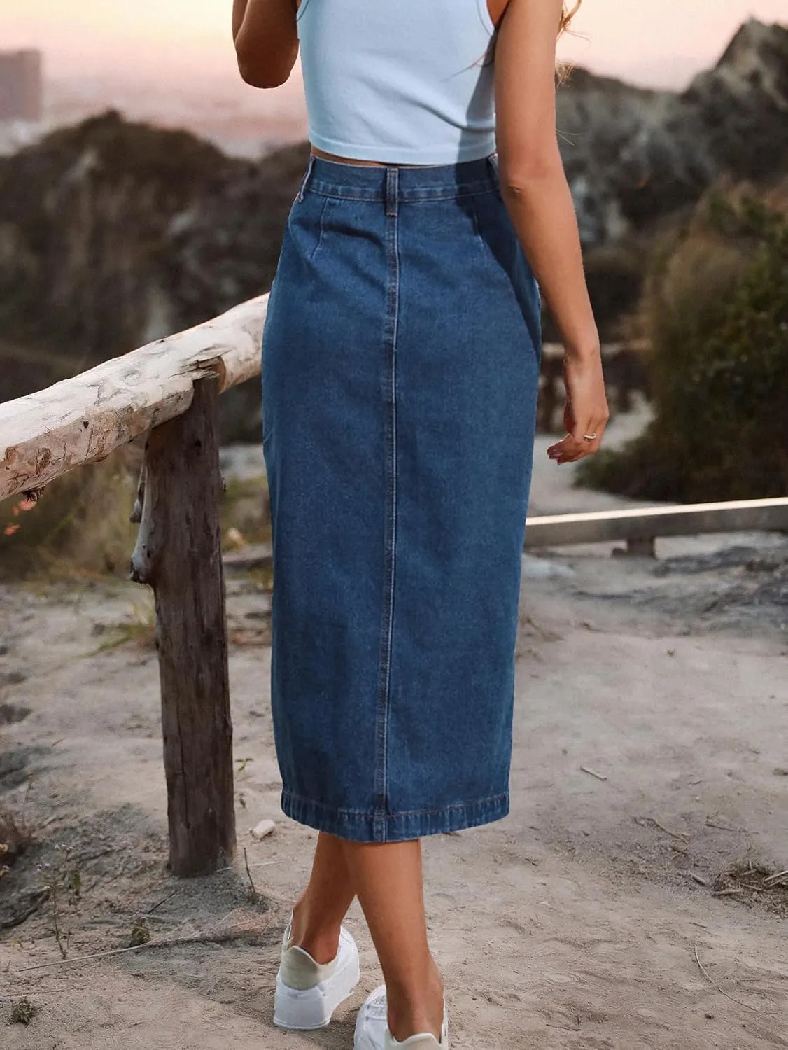 Women's Casual Slit Denim Midi Jean Skirt Stretch High Waisted Button Up Frayed with Pockets