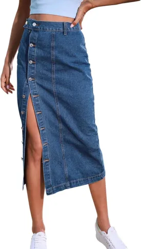 Women's Casual Slit Denim Midi Jean Skirt Stretch High Waisted Button Up Frayed with Pockets