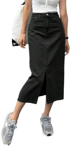 Women's Casual Slit Denim Midi Jean Skirt Stretch High Waisted Button Up Frayed with Pockets