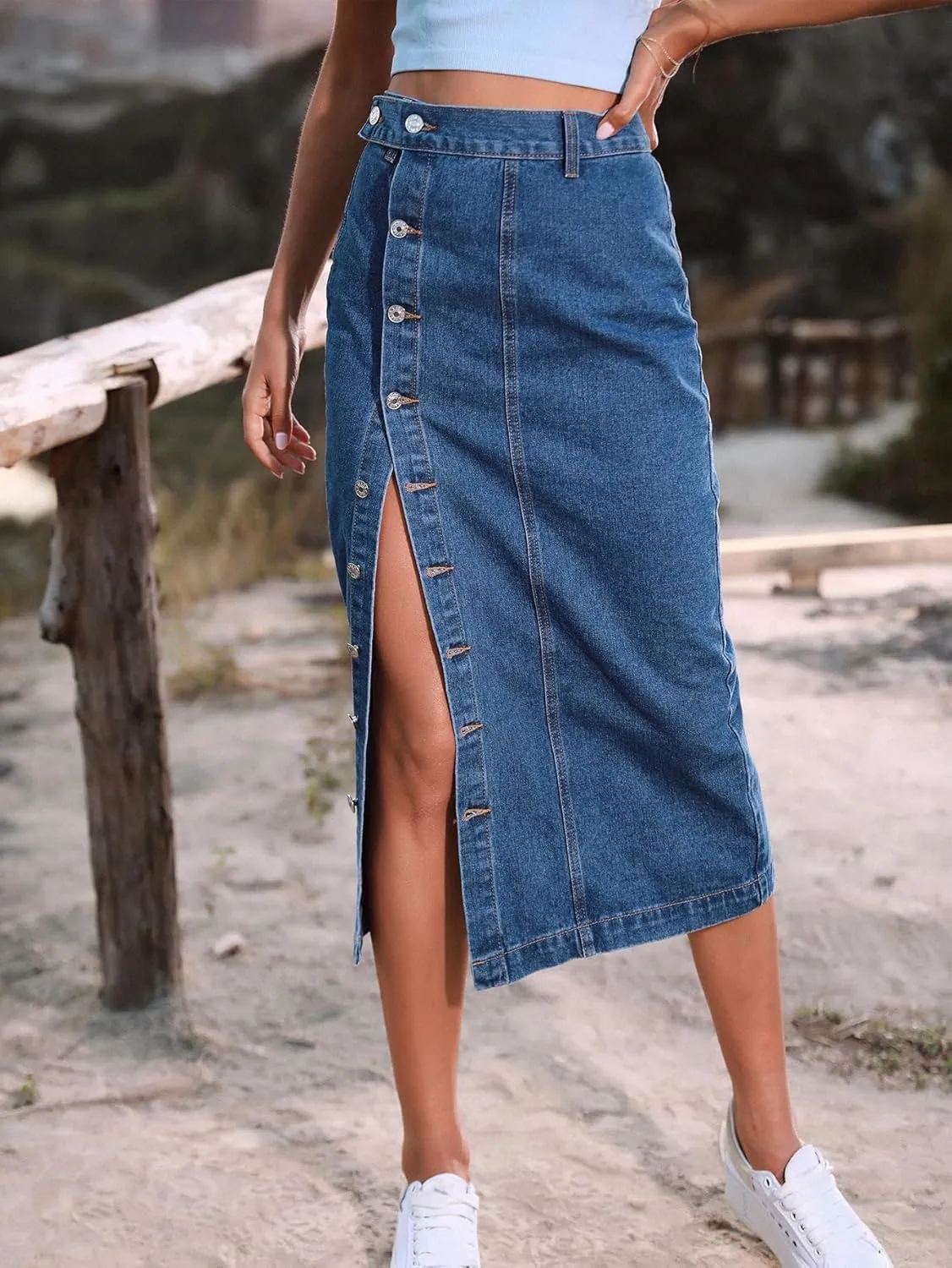 Women's Casual Slit Denim Midi Jean Skirt Stretch High Waisted Button Up Frayed with Pockets