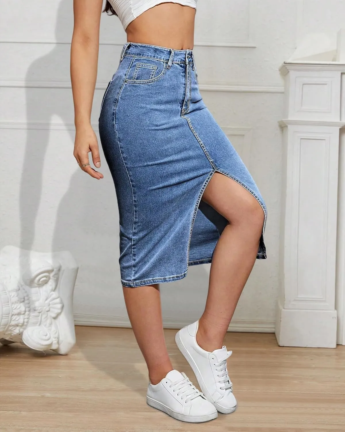 Womens Denim Pencil Skirts Mid Long High Waist A line Midi Jean Skirt Split Hem Skirts for Ladies.