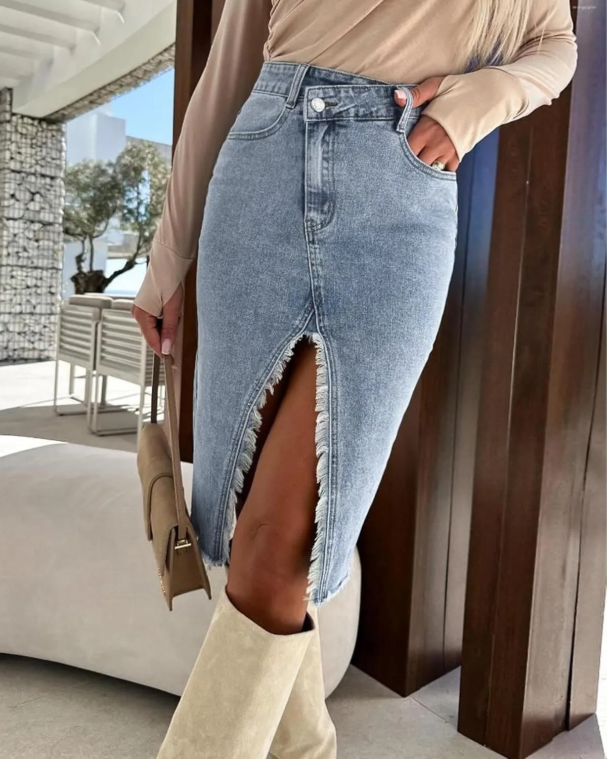 Womens High Waist Midi Jean Skirt Casual Split Frayed Raw Hem Stretchy Knee Length Denim Skirt